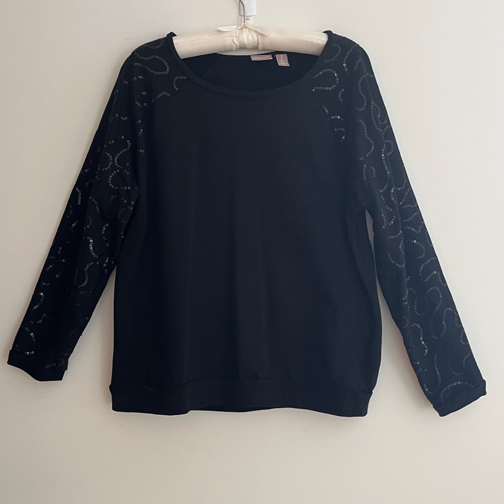 CHICO'S Long Sleeve Sequin Detail Wide Neck 100% Cotton Sweatshirt Casual Bling